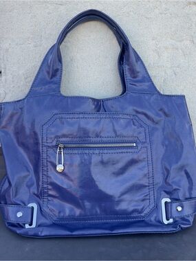 Shiny Blue Patent Tote Bag with Front Zip Pocket - Maxx New York